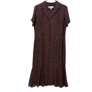 David Warren NY Midi Dress Size 12 Short Sleeve Burgundy Leaf Print Button Front